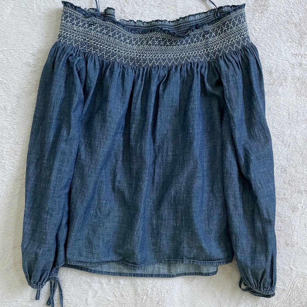 denim off the shoulder long sleeve top